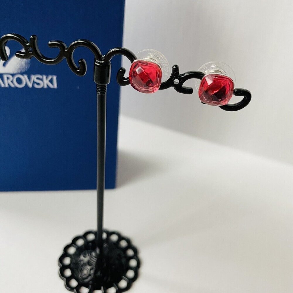 Swarovski Earrings Post Stud Pinkish Red Crystal Silver